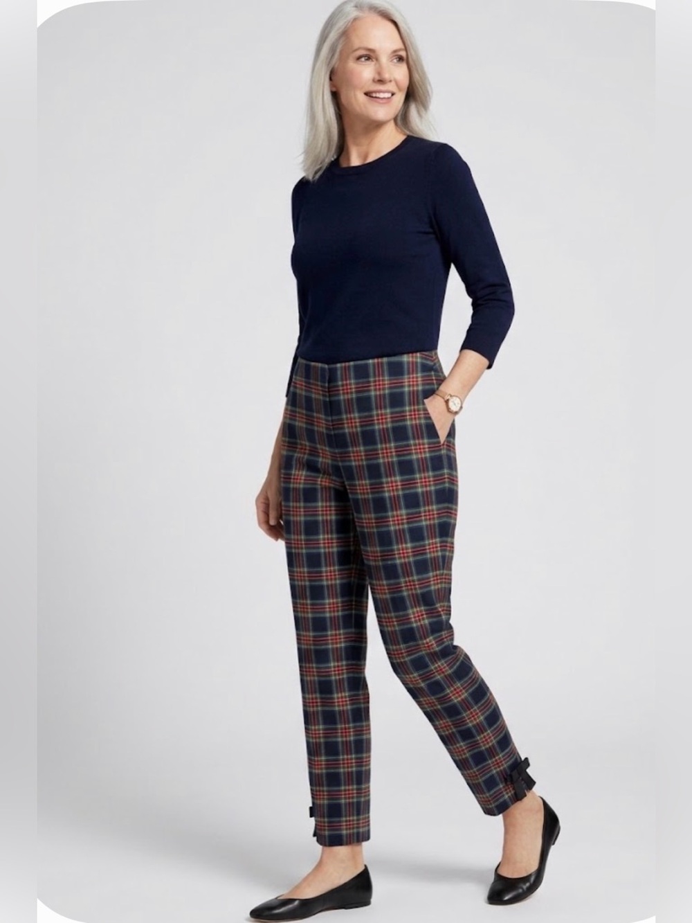 Talbots Hampshire Ankle Pants 16 Tartan Plaid Wool Blend Bow Cuff Christmas